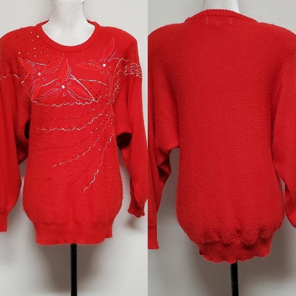 80s Vintage Western Connection Red Velvet Floral Beaded Tacky Christmas Sweater